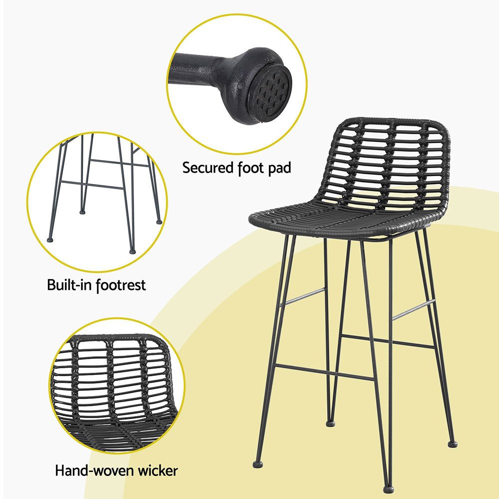 Gardeon 2x Outdoor Bar Stools Rattan Black - ODF-BA-TW-RATTAN-BK-X2 Gardeon 2x Outdoor Bar Stools Rattan Black - Image 5