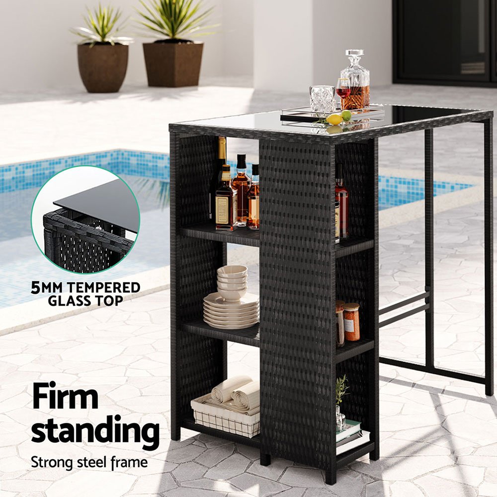 Gardeon Outdoor Bar Table Wicker Dining Bistro Glass Desk Steel Patio Furniture Black - ODF-BAR-TABLE-STORE-BK Gardeon Outdoor Bar Table Wicker Dining Bistro Glass Desk Steel Patio Furniture Black - Image 4