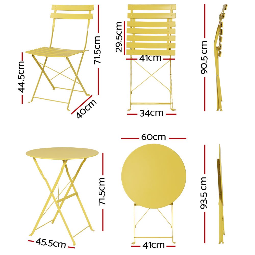 Gardeon 3PC Outdoor Bistro Set Steel Table and Chairs Patio Furniture Yellow - ODF-METAL-3PCS-YE Gardeon 3PC Outdoor Bistro Set Steel Table and Chairs Patio Furniture Yellow - Image 2