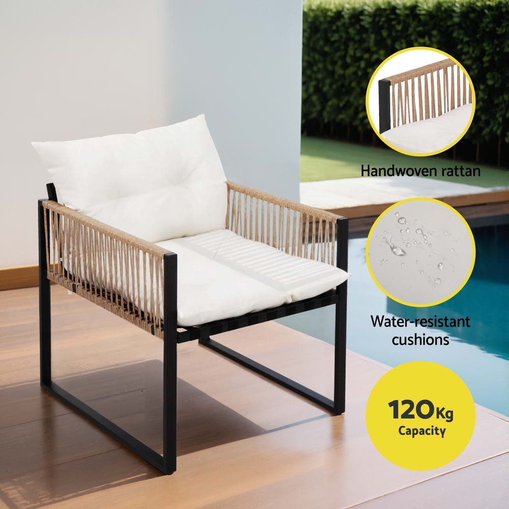 Gardeon 4 Seater Outdoor Sofa Set 4PCS Table Chair Set Garden Patio Furniture - ODF-SOFA-4PCS-ROPERAT-BK Gardeon 4 Seater Outdoor Sofa Set 4PCS Table Chair Set Garden Patio Furniture - Image 5