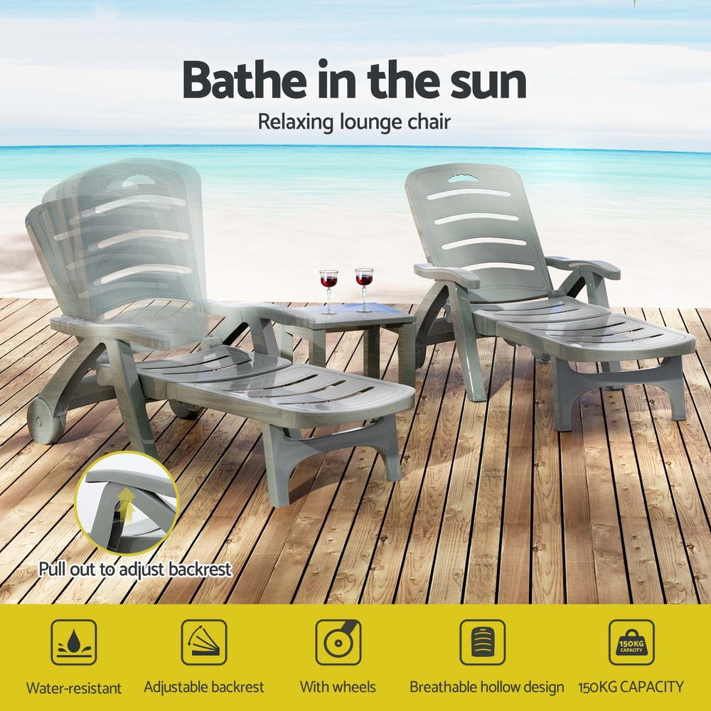 Gardeon Sun Lounger Folding Lounge Chair Wheels Patio Outdoor Furniture Grey - ODF-SUNBED-PP150-GE Gardeon Sun Lounger Folding Lounge Chair Wheels Patio Outdoor Furniture Grey - Image 4