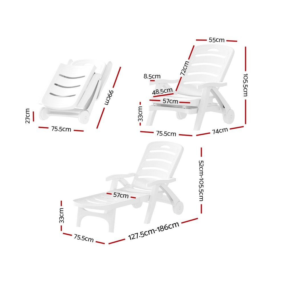 Gardeon Sun Lounger Folding Chaise Lounge Chair Wheels Patio Outdoor Furniture - ODF-SUNBED-PP150-WH Gardeon Sun Lounger Folding Chaise Lounge Chair Wheels Patio Outdoor Furniture - Image 2