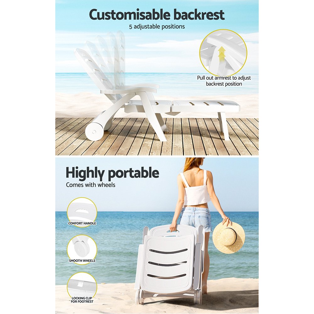 Gardeon Sun Lounger Folding Chaise Lounge Chair Wheels Patio Outdoor Furniture - ODF-SUNBED-PP150-WH Gardeon Sun Lounger Folding Chaise Lounge Chair Wheels Patio Outdoor Furniture - Image 6