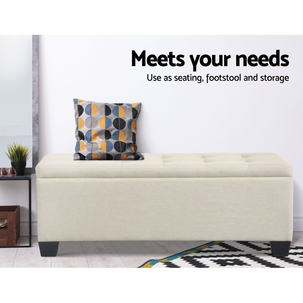 Artiss Storage Ottoman Blanket Box 97cm Linen Beige - OTM-L2-LINEN-BEIGE Artiss Storage Ottoman Blanket Box 97cm Linen Beige - Image 4