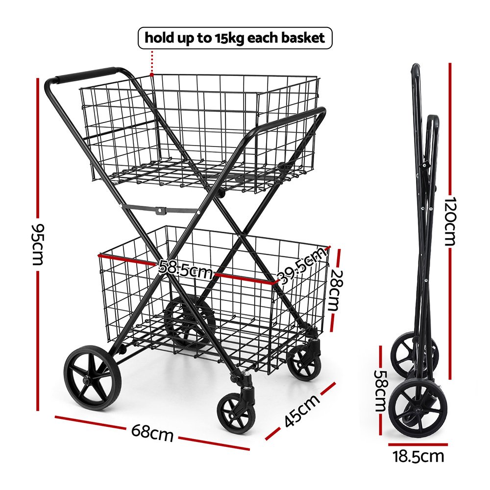 Emajin Foldable Shopping Trolley Cart - ST-100L-2T-BK Emajin Foldable Shopping Trolley Cart - Image 2