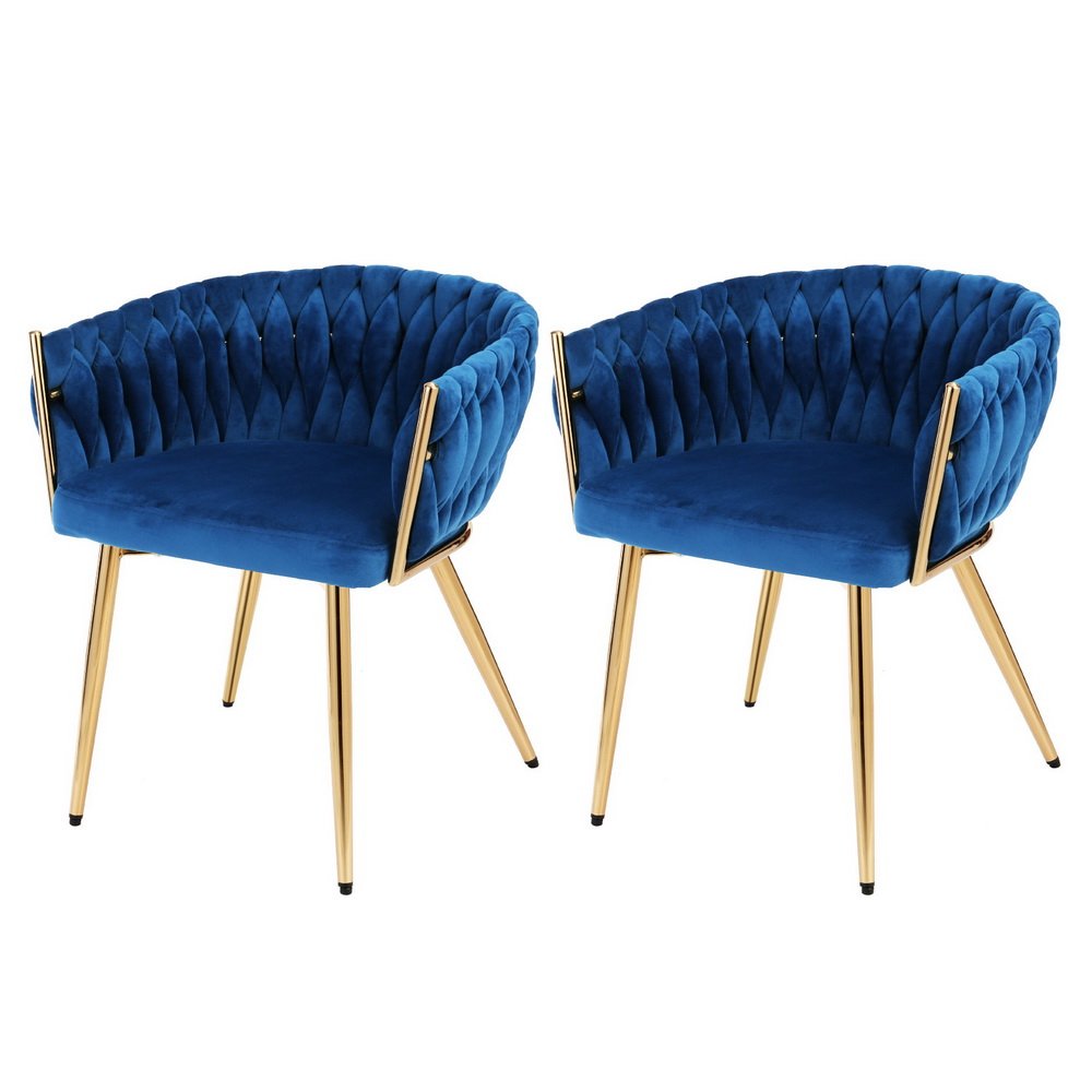 1 Set of 2 Artiss Dining Chairs Velvet Weaving Armchair Blue