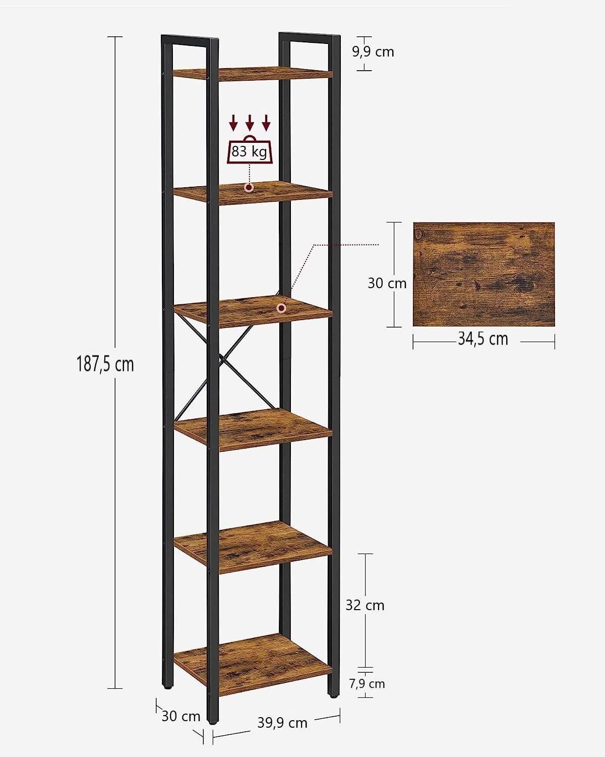 Small 6-Tier Industrial Bookshelf, Rustic Brown, Black - V178-62384 Small 6-Tier Industrial Bookshelf, Rustic Brown, Black - Image 3
