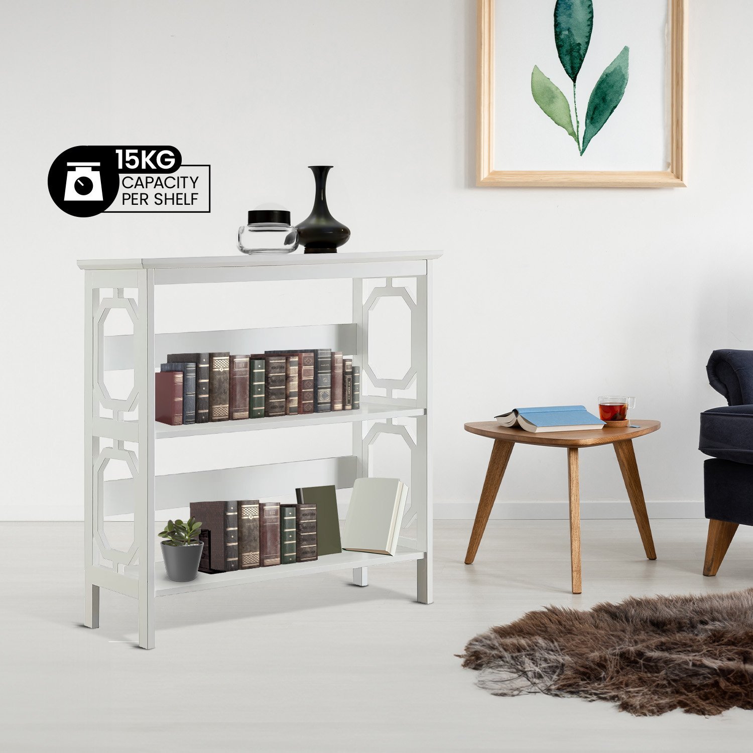 Sarantino Laurel 3-Tier Bookshelf Display Rack in White - V240-TBL-NTD-096-05 Sarantino Laurel 3-Tier Bookshelf Display Rack in White - Image 9