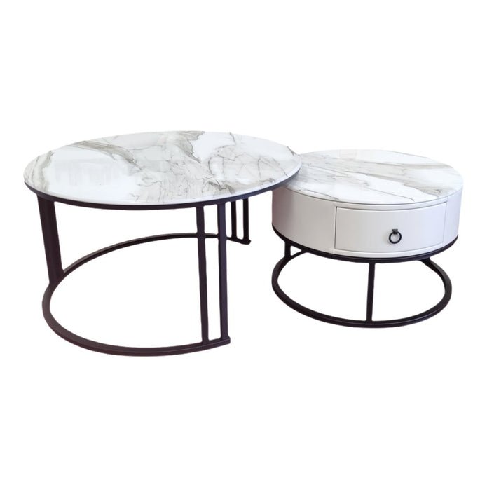Snowy Mountain Faux Modern Marble Slate Nesting Coffee Table Set Leather Wrapped Wood Drawers - V255-CT-NESTING-BLKFRM-CW-WH Snowy Mountain Faux Modern Marble Slate Nesting Coffee Table Set Leather Wrapped Wood Drawers