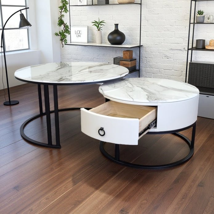 Snowy Mountain Faux Modern Marble Slate Nesting Coffee Table Set Leather Wrapped Wood Drawers - V255-CT-NESTING-BLKFRM-CW-WH Snowy Mountain Faux Modern Marble Slate Nesting Coffee Table Set Leather Wrapped Wood Drawers - Image 3