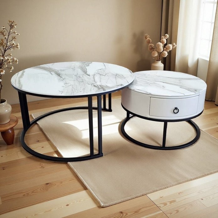Snowy Mountain Faux Modern Marble Slate Nesting Coffee Table Set Leather Wrapped Wood Drawers - V255-CT-NESTING-BLKFRM-CW-WH Snowy Mountain Faux Modern Marble Slate Nesting Coffee Table Set Leather Wrapped Wood Drawers - Image 4