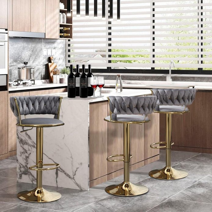 2x Height Adjustable Swivel Bar Stool Velvet Golden Base Barstools Chairs Padded Seat- Grey - V255-GP1762-GRY 2x Height Adjustable Swivel Bar Stool Velvet Golden Base Barstools Chairs Padded Seat- Grey - Image 4