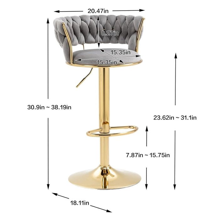 2x Height Adjustable Swivel Bar Stool Velvet Golden Base Barstools Chairs Padded Seat- Grey - V255-GP1762-GRY 2x Height Adjustable Swivel Bar Stool Velvet Golden Base Barstools Chairs Padded Seat- Grey - Image 5