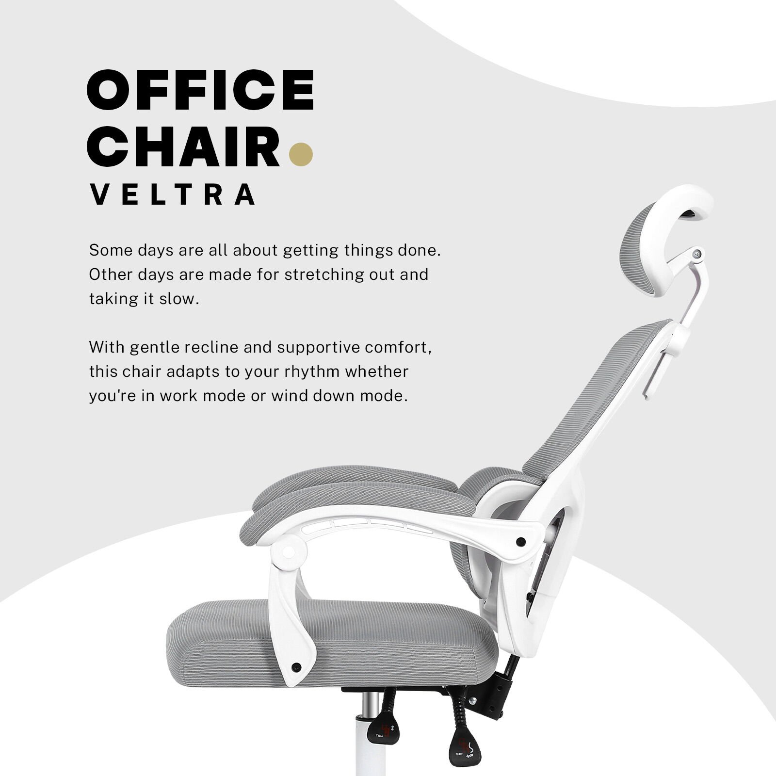 Ergonomic Reclining Office Chair - Lumbar Support, Adjustable Headrest VELTRA - GREY - V274-FT-OC-2656B-WHGY Ergonomic Reclining Office Chair - Lumbar Support, Adjustable Headrest VELTRA - GREY - Image 3