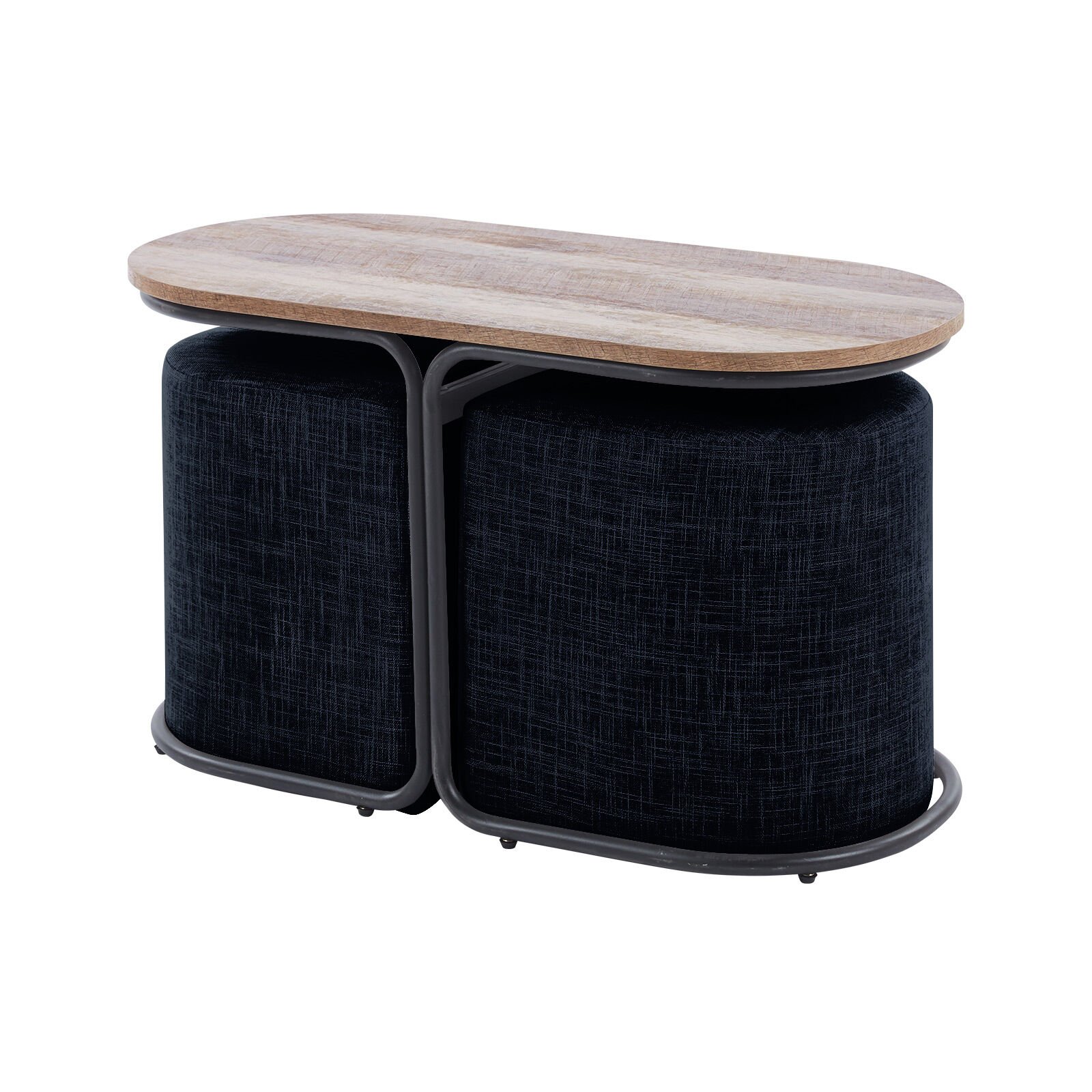3 Piece Set Coffee Table & Ottoman Wood Side End Table Industrial - Black