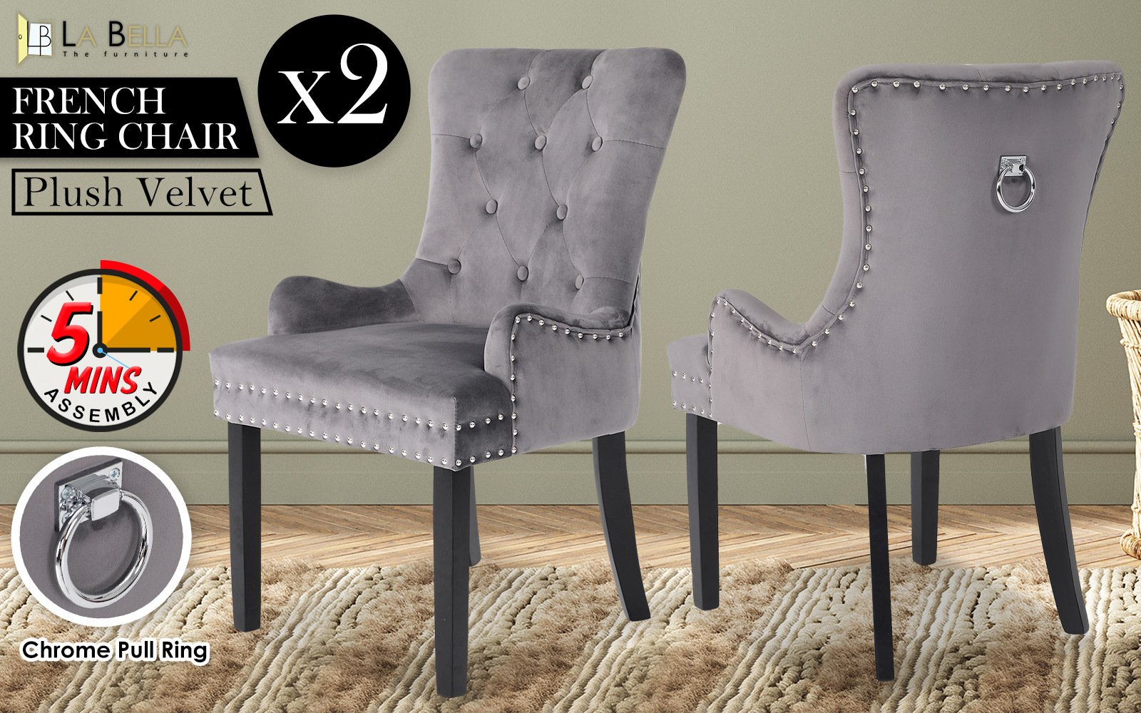 2X French Provincial Dining Chair Ring Studded Velvet Rubberwood Leg LISSE GREY - V274-FT-VFC-1141-GY2 2X French Provincial Dining Chair Ring Studded Velvet Rubberwood Leg LISSE GREY - Image 2