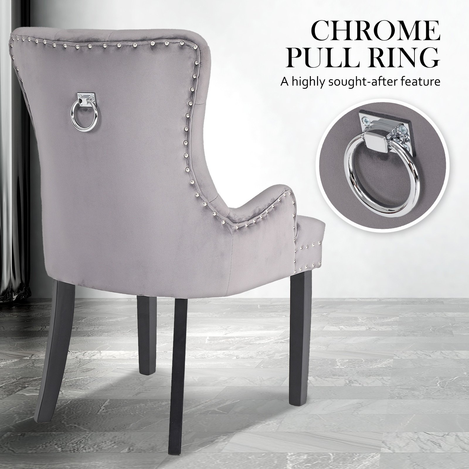 2X French Provincial Dining Chair Ring Studded Velvet Rubberwood Leg LISSE GREY - V274-FT-VFC-1141-GY2 2X French Provincial Dining Chair Ring Studded Velvet Rubberwood Leg LISSE GREY - Image 8