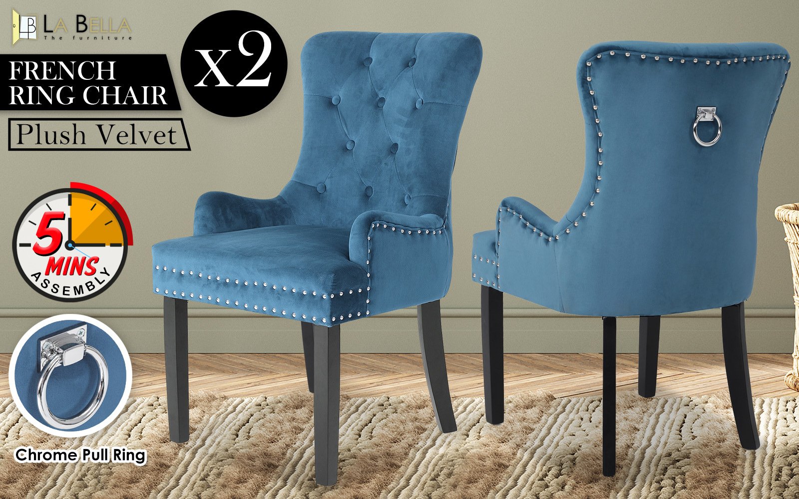 2X French Provincial Dining Chair Ring Studded Velvet Rubberwood Leg LISSE NAVY BLUE - V274-FT-VFC-1141-NV2 2X French Provincial Dining Chair Ring Studded Velvet Rubberwood Leg LISSE NAVY BLUE - Image 2