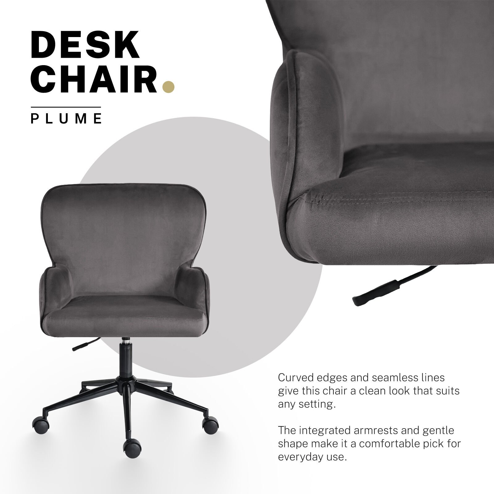 Desk Armchair - Home Office Swivel Chair Adjustable Height Seat PLUME GREY - V274-FT-VOC-001BK-GY Desk Armchair - Home Office Swivel Chair Adjustable Height Seat PLUME GREY - Image 3