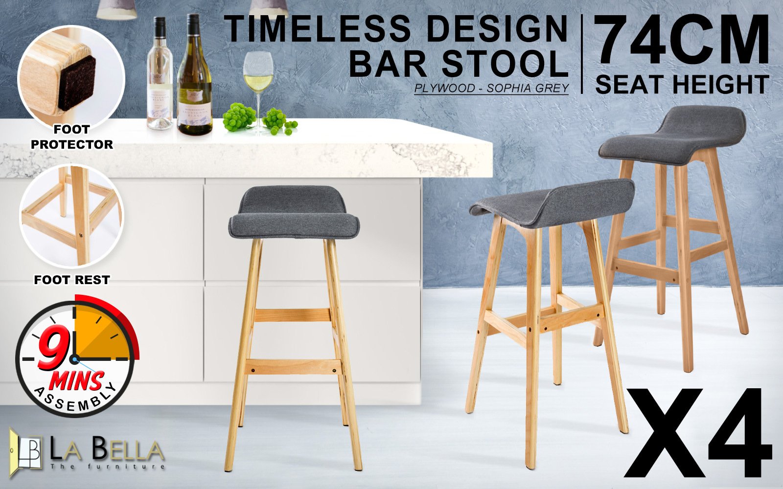 4X Wooden Bar Stool Dining Chair Fabric SOPHIA 74cm GREY - V274-FT-WBSFAB-84GY4 4X Wooden Bar Stool Dining Chair Fabric SOPHIA 74cm GREY - Image 2