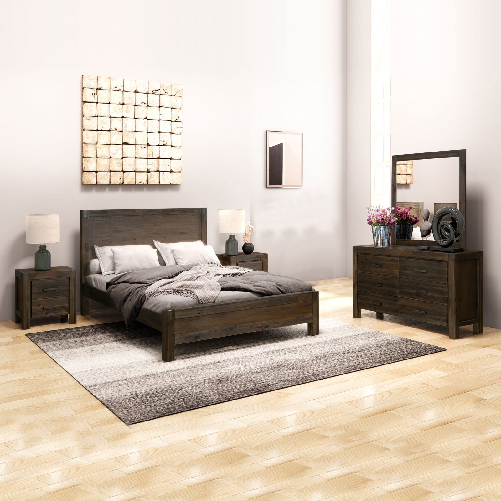 4 Pieces Bedroom Suite in Solid Wood Veneered Acacia Construction Timber Slat Queen Size Chocolate Colour Bed, Bedside Table & Dresser