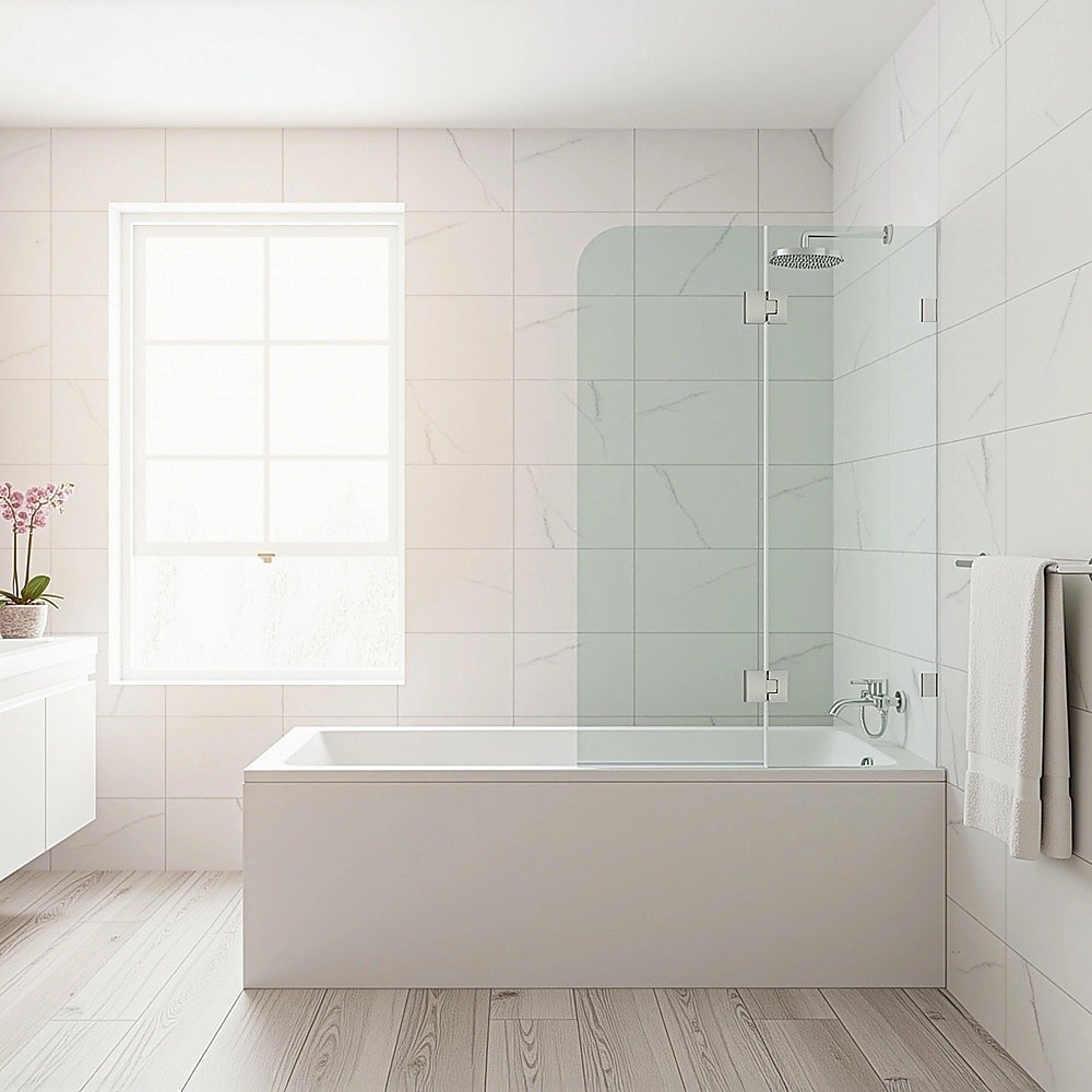 100cm Frameless Glass Bath Screen – Brass F-Brackets in Chrome for Stylish Bathroom Upgrade
