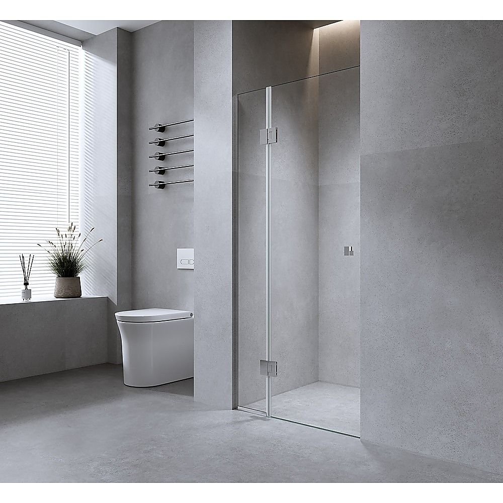 110cm Wall to Wall Frameless Shower Screen – Chrome Wall Channel and Floor Channel, SS Hinges & Square Knob Handle