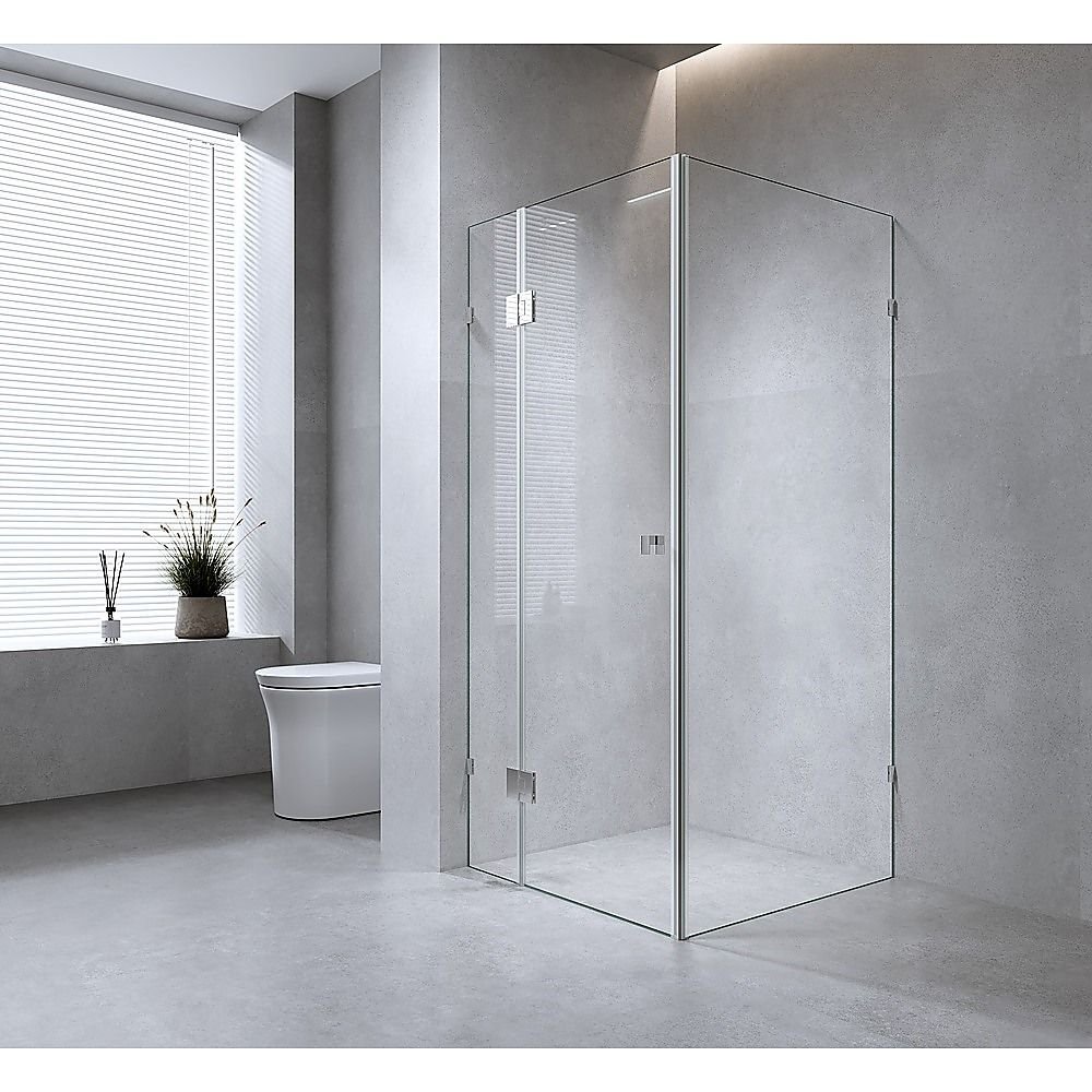 110x100cm Corner Frameless Shower Screen with Gold U-Brackets and Floor U-Bracket and SS Hinges, Round Knob Handle