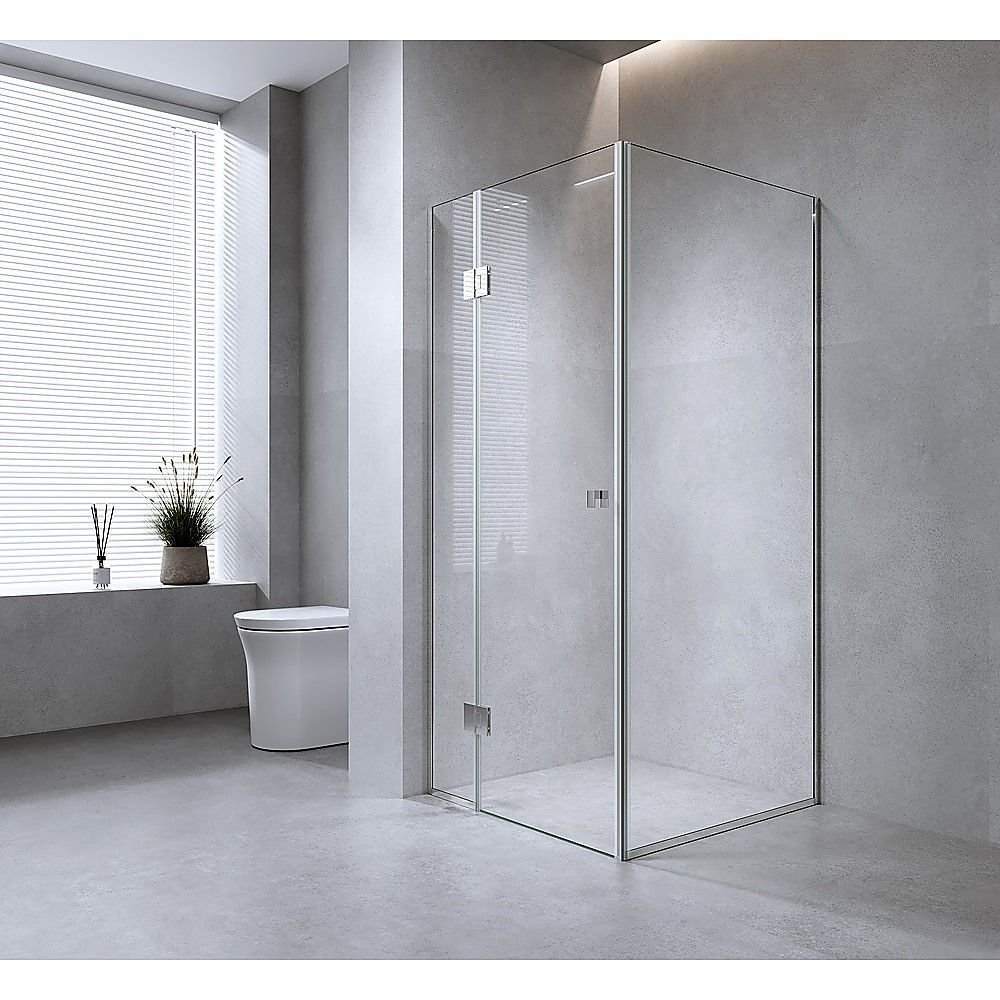 110x80cm Gold Corner Frameless Shower Screen with Wall Channel and Floor Channel Brackets, Stainless Steel Hinges & Round Knob Handle