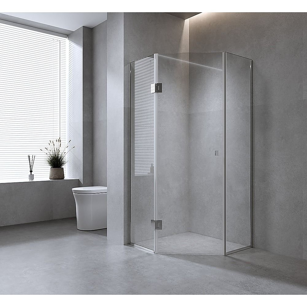 90cm Frameless Diamond Shower Screen – Channels with SS Hinges in Gunmetal, Round Handles