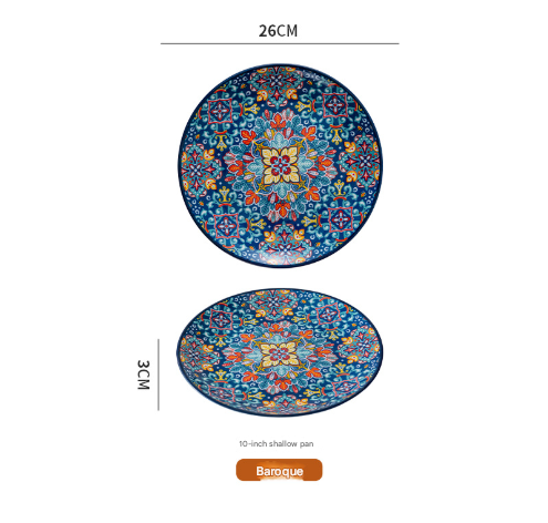 Blue Baroque 10-Inch Bohemian Ceramic Shallow Plate - V888-ELOSUNG28723 Blue Baroque 10-Inch Bohemian Ceramic Shallow Plate
