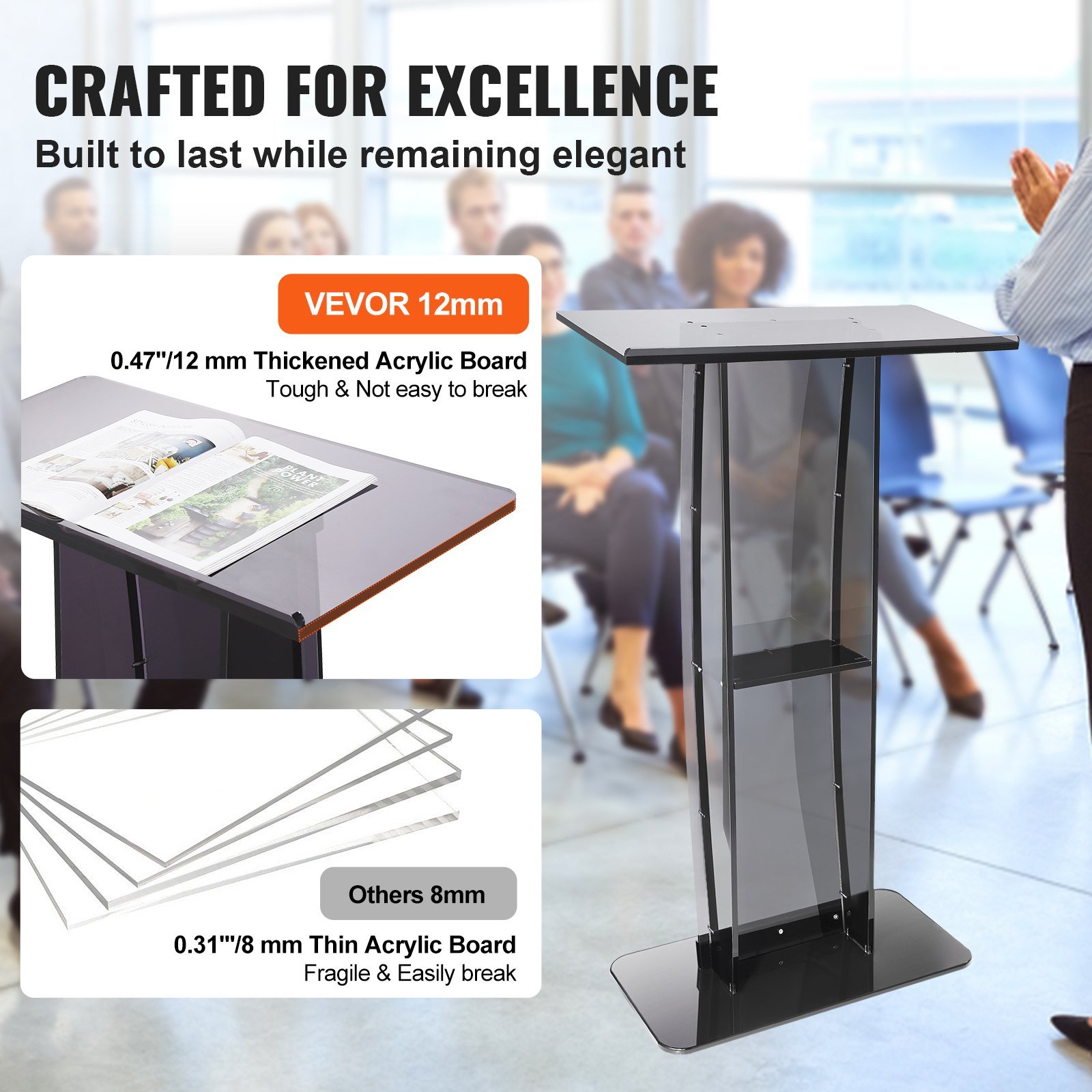 Acrylic Podium, 47" Tall, Acrylic Podium Stand with Wide Reading Surface & Storage Shelf, Floor-standing Clear Pulpits Acrylic for Church Office School, Black - V952-CTSJTHSTMYK47UDDCV0 Acrylic Podium, 47" Tall, Acrylic Podium Stand with Wide Reading Surface & Storage Shelf, Floor-standing Clear Pulpits Acrylic for Church Office School, Black - Image 4
