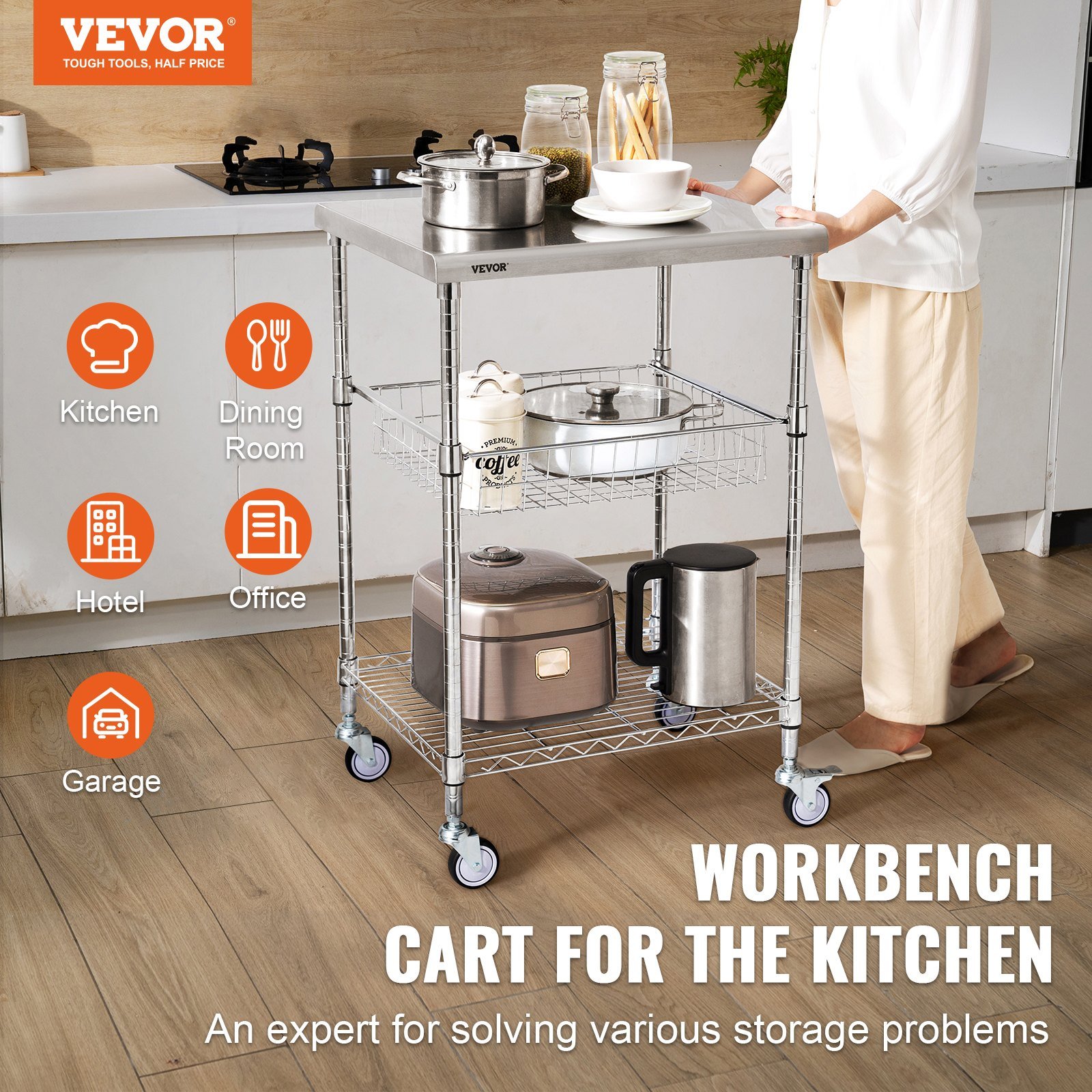 Kitchen Utility Cart, 3 Tiers, Wire Rolling Cart with 213kg Capacity, Steel Service Cart on Wheels, Metal Storage Trolley with 76mm Basket Curved Handle PP Liner 6 Hooks, for Indoor and Outdoor - V952-LLCFTCCB20X24IGJ4V0 Kitchen Utility Cart, 3 Tiers, Wire Rolling Cart with 213kg Capacity, Steel Service Cart on Wheels, Metal Storage Trolley with 76mm Basket Curved Handle PP Liner 6 Hooks, for Indoor and Outdoor - Image 2