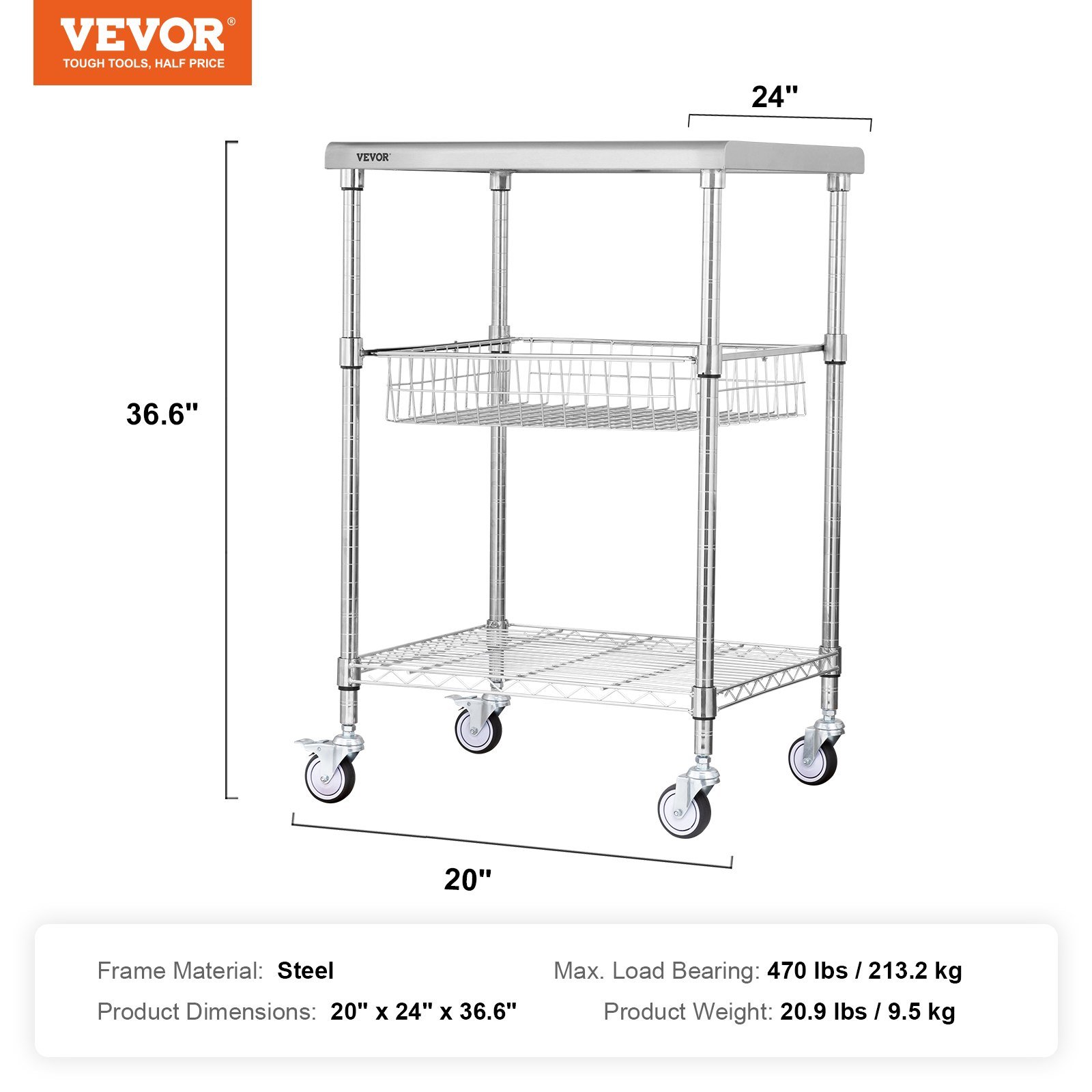 Kitchen Utility Cart, 3 Tiers, Wire Rolling Cart with 213kg Capacity, Steel Service Cart on Wheels, Metal Storage Trolley with 76mm Basket Curved Handle PP Liner 6 Hooks, for Indoor and Outdoor - V952-LLCFTCCB20X24IGJ4V0 Kitchen Utility Cart, 3 Tiers, Wire Rolling Cart with 213kg Capacity, Steel Service Cart on Wheels, Metal Storage Trolley with 76mm Basket Curved Handle PP Liner 6 Hooks, for Indoor and Outdoor - Image 7