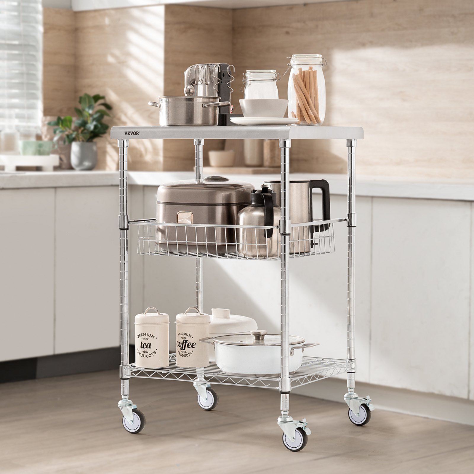 Kitchen Utility Cart, 3 Tiers, Wire Rolling Cart with 213kg Capacity, Steel Service Cart on Wheels, Metal Storage Trolley with 76mm Basket Curved Handle PP Liner 6 Hooks, for Indoor and Outdoor - V952-LLCFTCCB20X24IGJ4V0 Kitchen Utility Cart, 3 Tiers, Wire Rolling Cart with 213kg Capacity, Steel Service Cart on Wheels, Metal Storage Trolley with 76mm Basket Curved Handle PP Liner 6 Hooks, for Indoor and Outdoor - Image 8