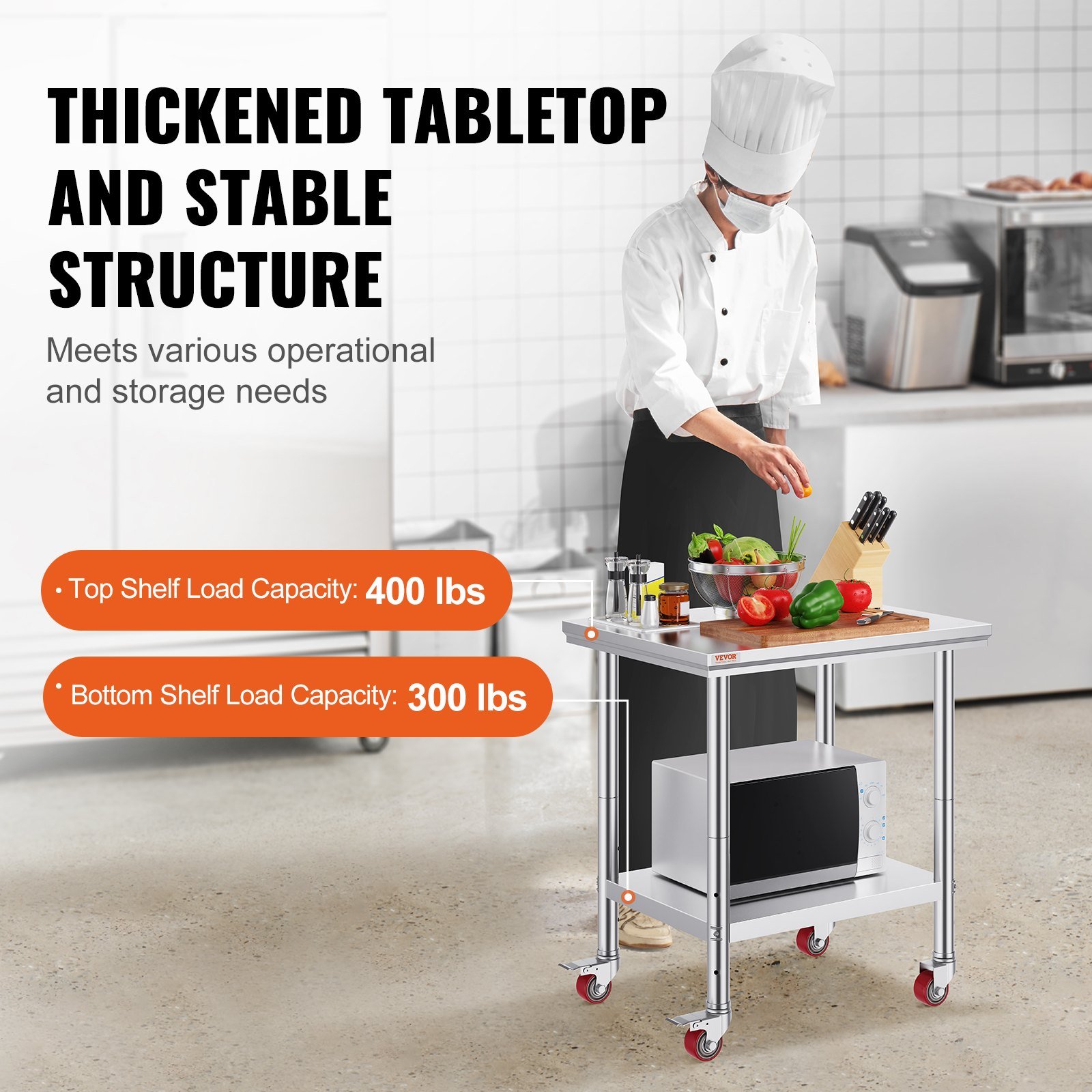 Stainless Steel Work Table with Wheels 24 x 30 Prep Table with casters Heavy Duty Work Table for Commercial Kitchen Restaurant Business (24 x 30 x 33.8 Inch) - V952-SYGZT30X24INDJL01V0 Stainless Steel Work Table with Wheels 24 x 30 Prep Table with casters Heavy Duty Work Table for Commercial Kitchen Restaurant Business (24 x 30 x 33.8 Inch) - Image 3