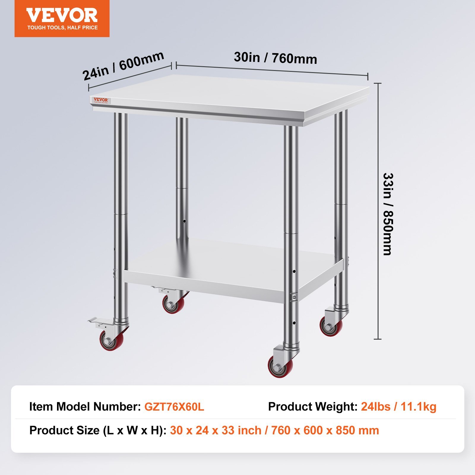 Stainless Steel Work Table with Wheels 24 x 30 Prep Table with casters Heavy Duty Work Table for Commercial Kitchen Restaurant Business (24 x 30 x 33.8 Inch) - V952-SYGZT30X24INDJL01V0 Stainless Steel Work Table with Wheels 24 x 30 Prep Table with casters Heavy Duty Work Table for Commercial Kitchen Restaurant Business (24 x 30 x 33.8 Inch) - Image 7