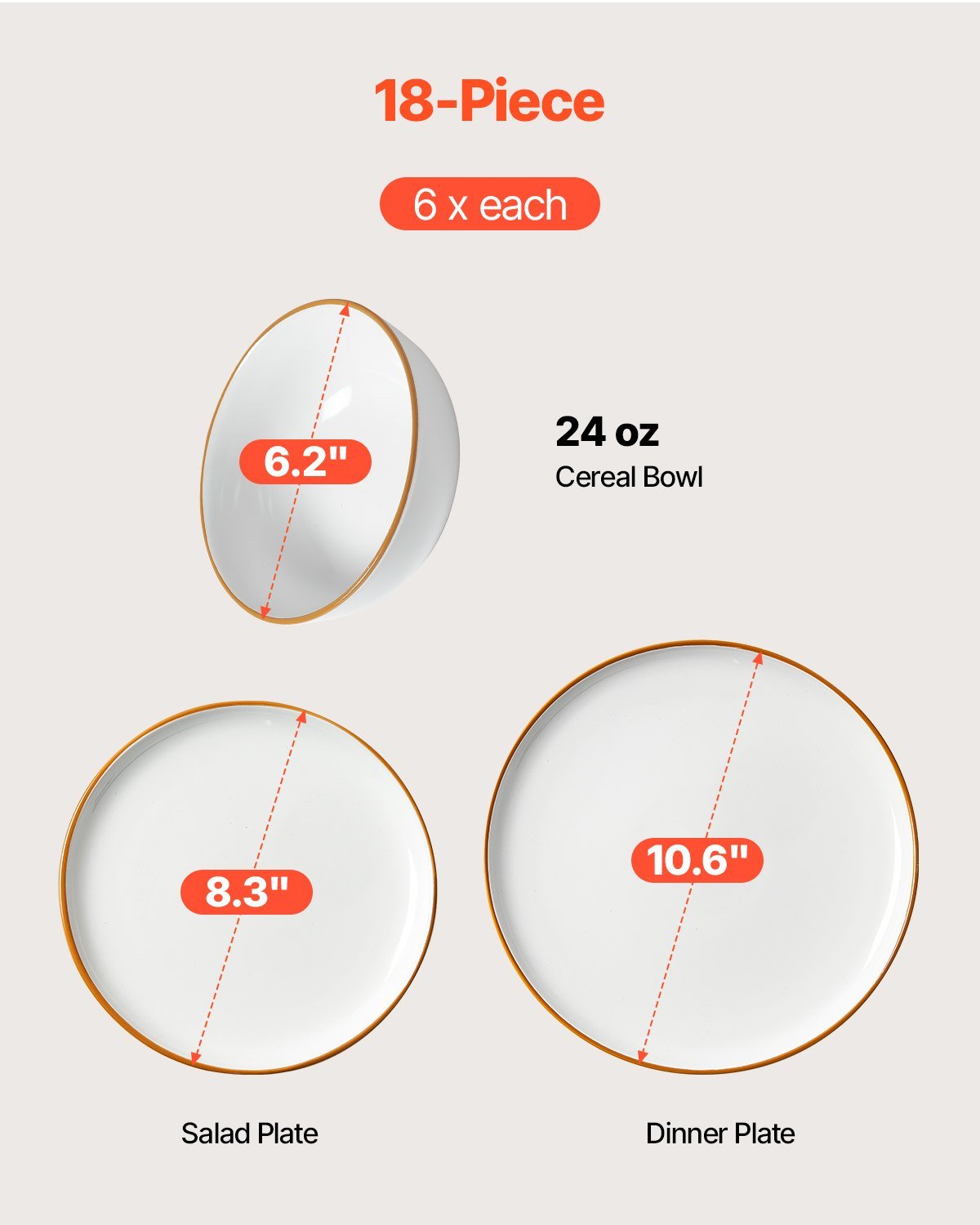 18 PCS Dinnerware Set Ceramic Plates and Bowls Sets Service for 6 White - V952-YXKSMBSYXKS1DV8NNV0 18 PCS Dinnerware Set Ceramic Plates and Bowls Sets Service for 6 White - Image 2
