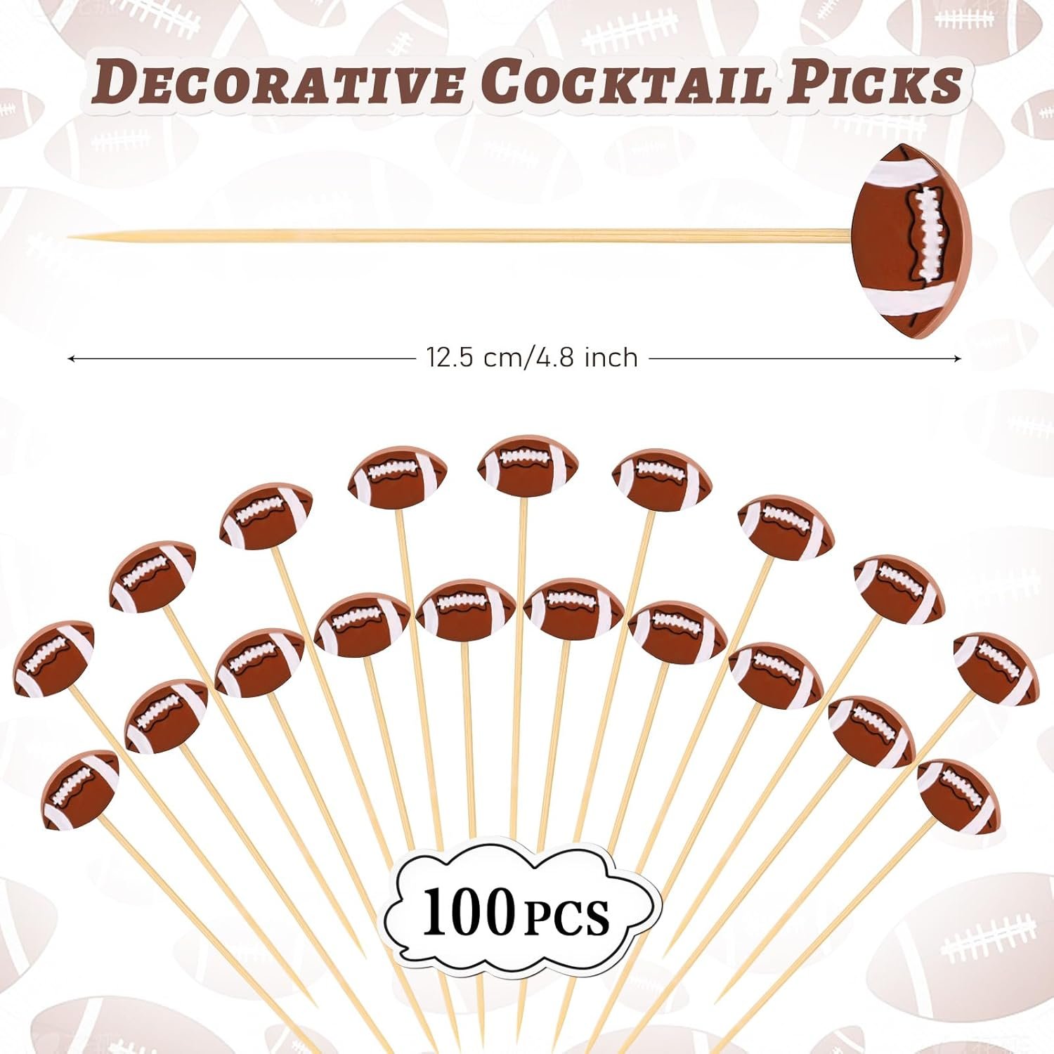 100 Pcs Football Toothpicks, 4.72 Inch Football Cocktail Picks for Appetizers, Long Bamboo Toothpicks, Decorative Toothpicks Skewers for Holiday Birthday Party Decorations (Football) - V1258-DP02-WO-191 100 Pcs Football Toothpicks, 4.72 Inch Football Cocktail Picks for Appetizers, Long Bamboo Toothpicks, Decorative Toothpicks Skewers for Holiday Birthday Party Decorations (Football) - Image 2