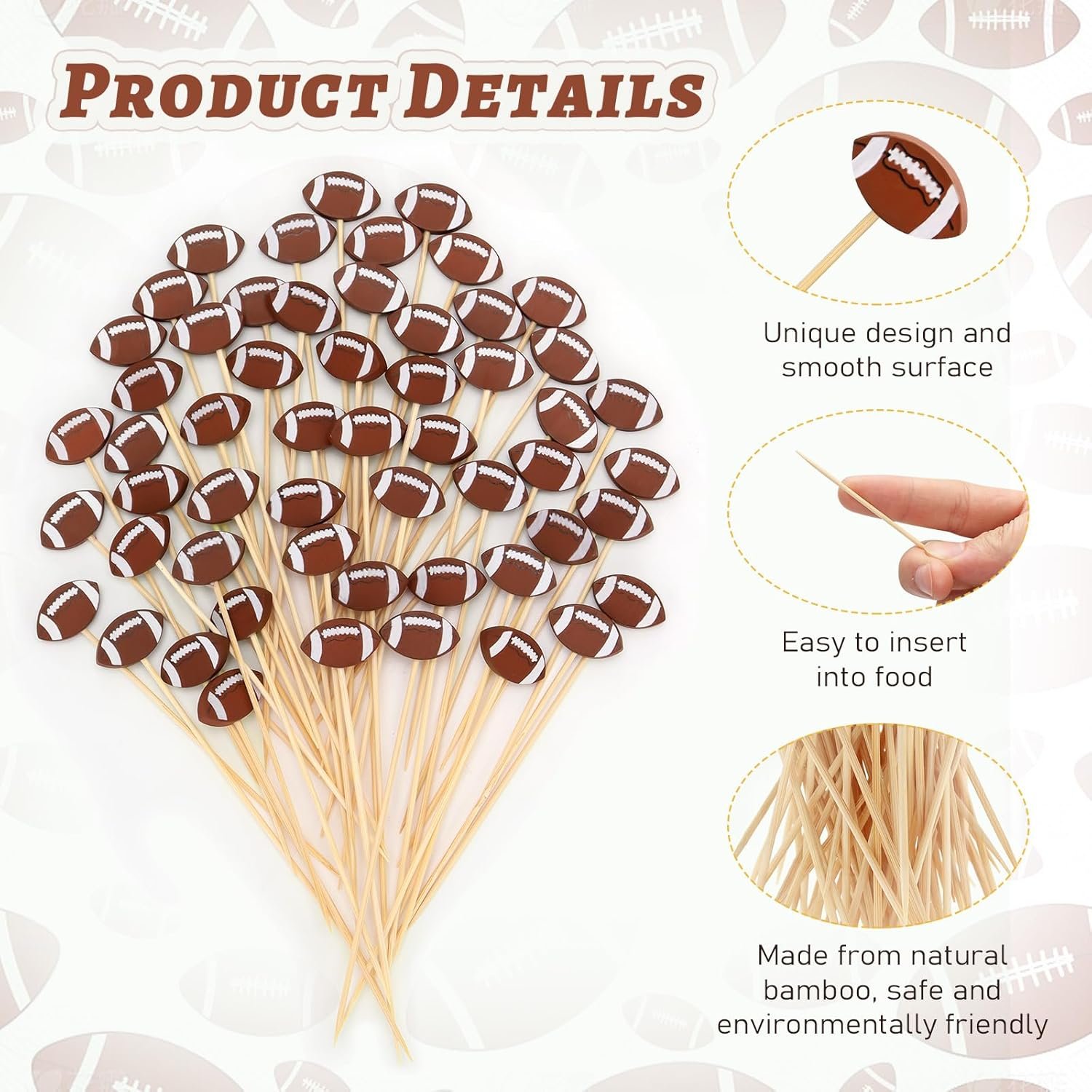 100 Pcs Football Toothpicks, 4.72 Inch Football Cocktail Picks for Appetizers, Long Bamboo Toothpicks, Decorative Toothpicks Skewers for Holiday Birthday Party Decorations (Football) - V1258-DP02-WO-191 100 Pcs Football Toothpicks, 4.72 Inch Football Cocktail Picks for Appetizers, Long Bamboo Toothpicks, Decorative Toothpicks Skewers for Holiday Birthday Party Decorations (Football) - Image 5