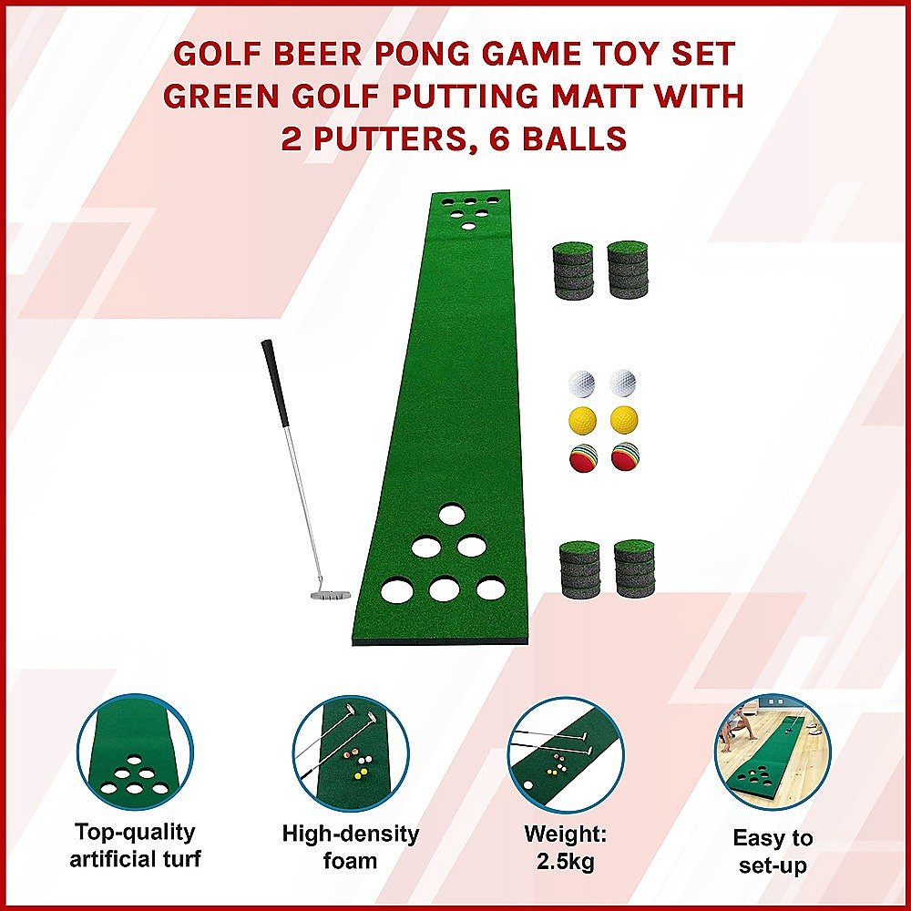 Golf Beer Pong Game Toy Set Green Golf Putting Matt with 2 Putters, 6 Balls - V63-835971 Golf Beer Pong Game Toy Set Green Golf Putting Matt with 2 Putters, 6 Balls - Image 3