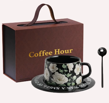 Black Camellia Elegant Ceramic Coffee Cup & Saucer Set - Couples Gift Box, Premium Wedding & Bridesmaid Favor, High-End Exquisite Design - V888-ELOSUNG38405 Black Camellia Elegant Ceramic Coffee Cup & Saucer Set - Couples Gift Box, Premium Wedding & Bridesmaid Favor, High-End Exquisite Design