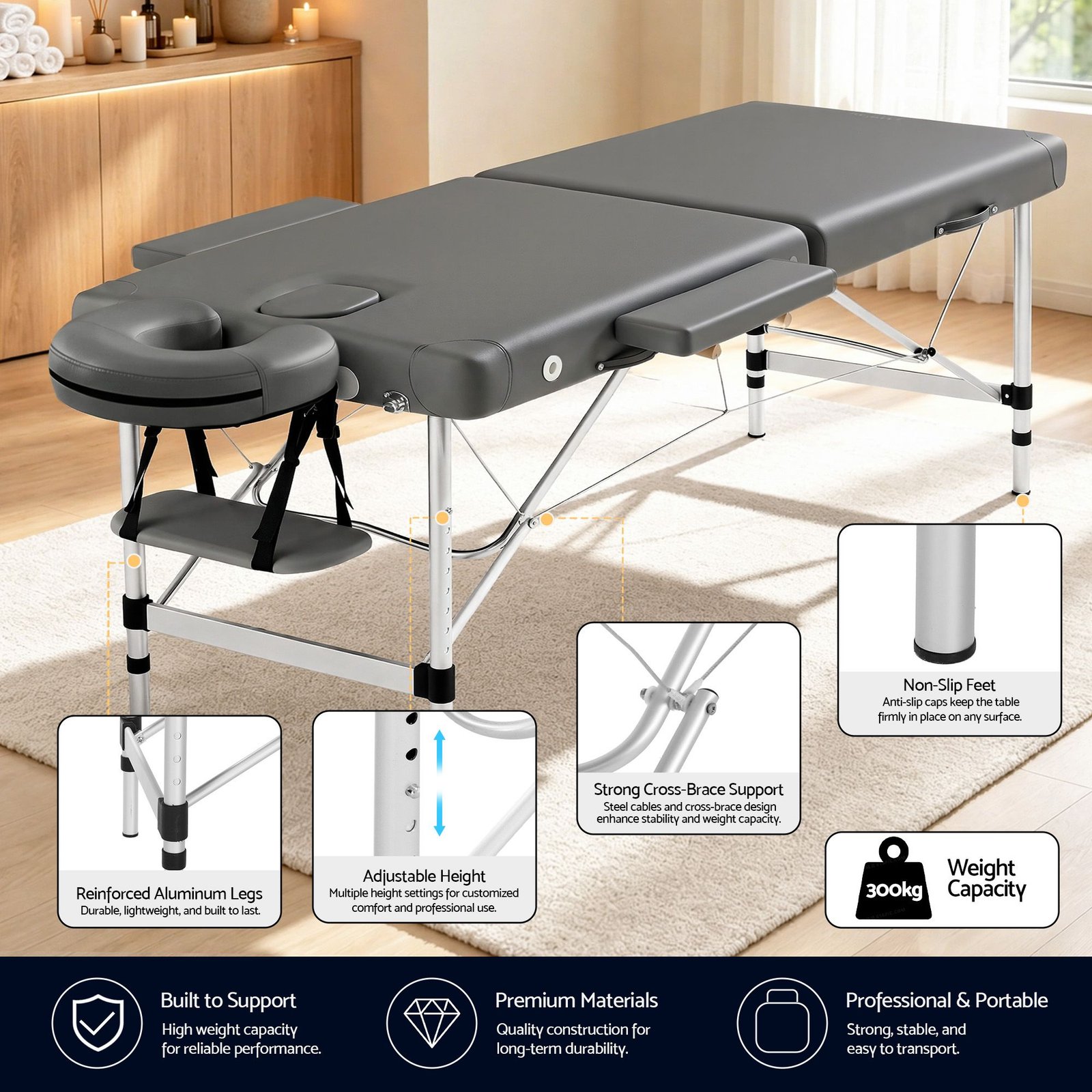 Zenses Massage Table 55cm Portable 2 Fold Aluminium Beauty Bed Grey - MT-ALUM-2FOLD-GR-55 Zenses Massage Table 55cm Portable 2 Fold Aluminium Beauty Bed Grey - Image 6