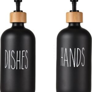 1 set of 2 pieces - Soap dispenser set - for hand soap and dish soap - Soap dispensers - Soap dispenser - Soap pump - Soap bottle - Hand soap pump - Freestanding and refillable - Glass - black - 500ml - Kitchen accessories