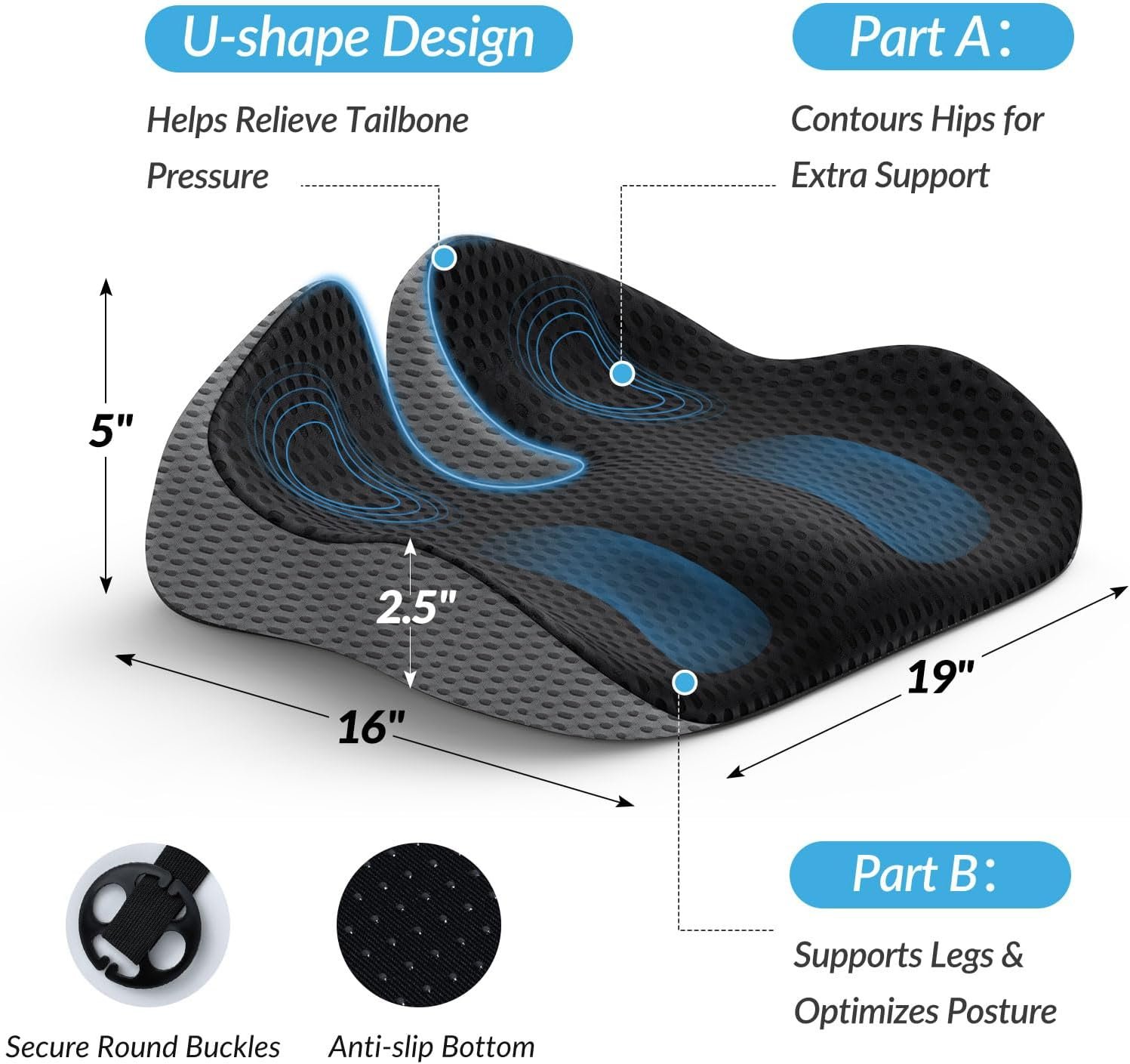 Wedge Car Seat Cushion for Driving, Innovative Seat Cushion with Honeycomb Gel & Memory Foam for Enhanced Breathability & Support, Car Cushions for Hip Pain Relief, Improve Vision/Posture, Black - V1188-WTJ-AM-0230 Wedge Car Seat Cushion for Driving, Innovative Seat Cushion with Honeycomb Gel & Memory Foam for Enhanced Breathability & Support, Car Cushions for Hip Pain Relief, Improve Vision/Posture, Black - Image 2