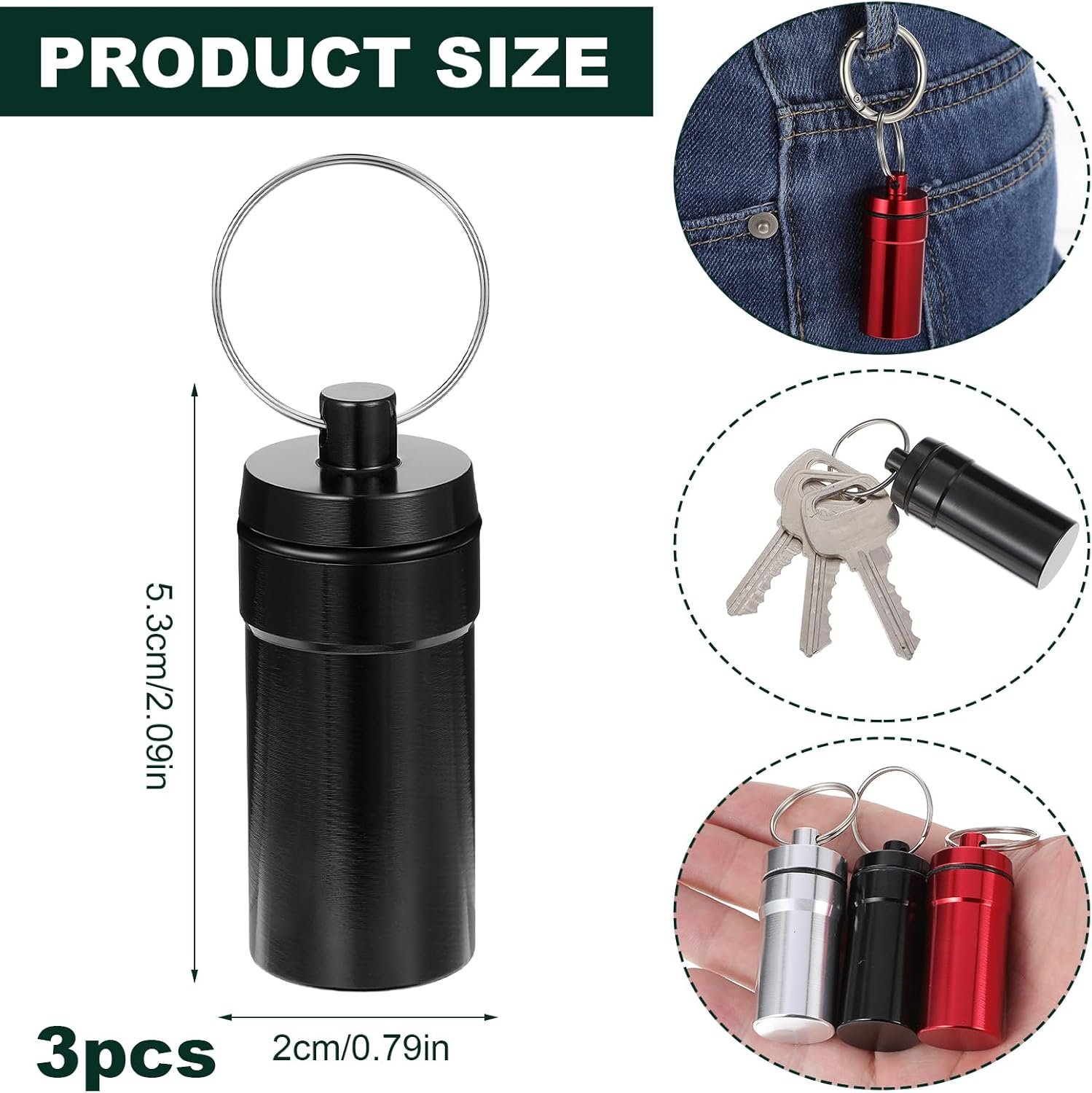 3 Pack Pill Fob Container, Waterproof Aluminum Pill Holder Keychain, Portable Mini Travel Pill Box, Nitroglycerin Pill Case for Pill Organizer Dispenser(Silver, Black, Red) - V1188-WTJ-TLK-2859 3 Pack Pill Fob Container, Waterproof Aluminum Pill Holder Keychain, Portable Mini Travel Pill Box, Nitroglycerin Pill Case for Pill Organizer Dispenser(Silver, Black, Red) - Image 2