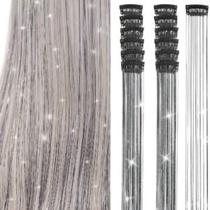 Hair Tinsels Festival Extensions Glitter 12 Piece Clip On Accessory Set 52Cm Long For Christmas And New Year Suitable Women Girls Children (Black)