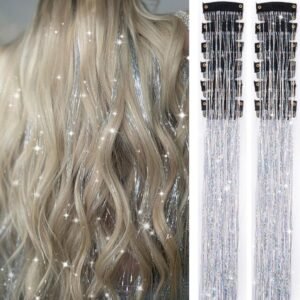 Hair Tinsels Festival Extensions Glitter 12 Piece Clip On Accessory Set 52Cm Long Christmas And New Year Suitable For Women Girls Children (Silver)
