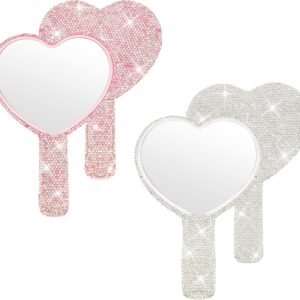 2 Pcs Large Rhinestone Handheld Mirror Heart Shaped Bling Glitter Portable Cosmetic Hand Mirror with Handle for Women Make up Brush Lash(Pink and White)
