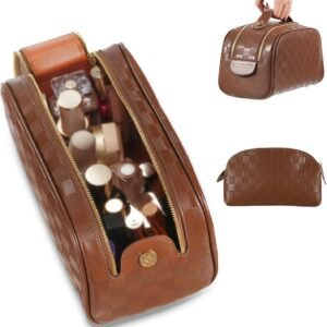 2 Pcs Makeup Bags Set, Large Capacity Makeup Organizer for Women, PU Leather Make Up Bag Portable Travel Toiletry Bag, Stylish Tessellated Cosmetic Bag Two Sizes to Match With Your Heart